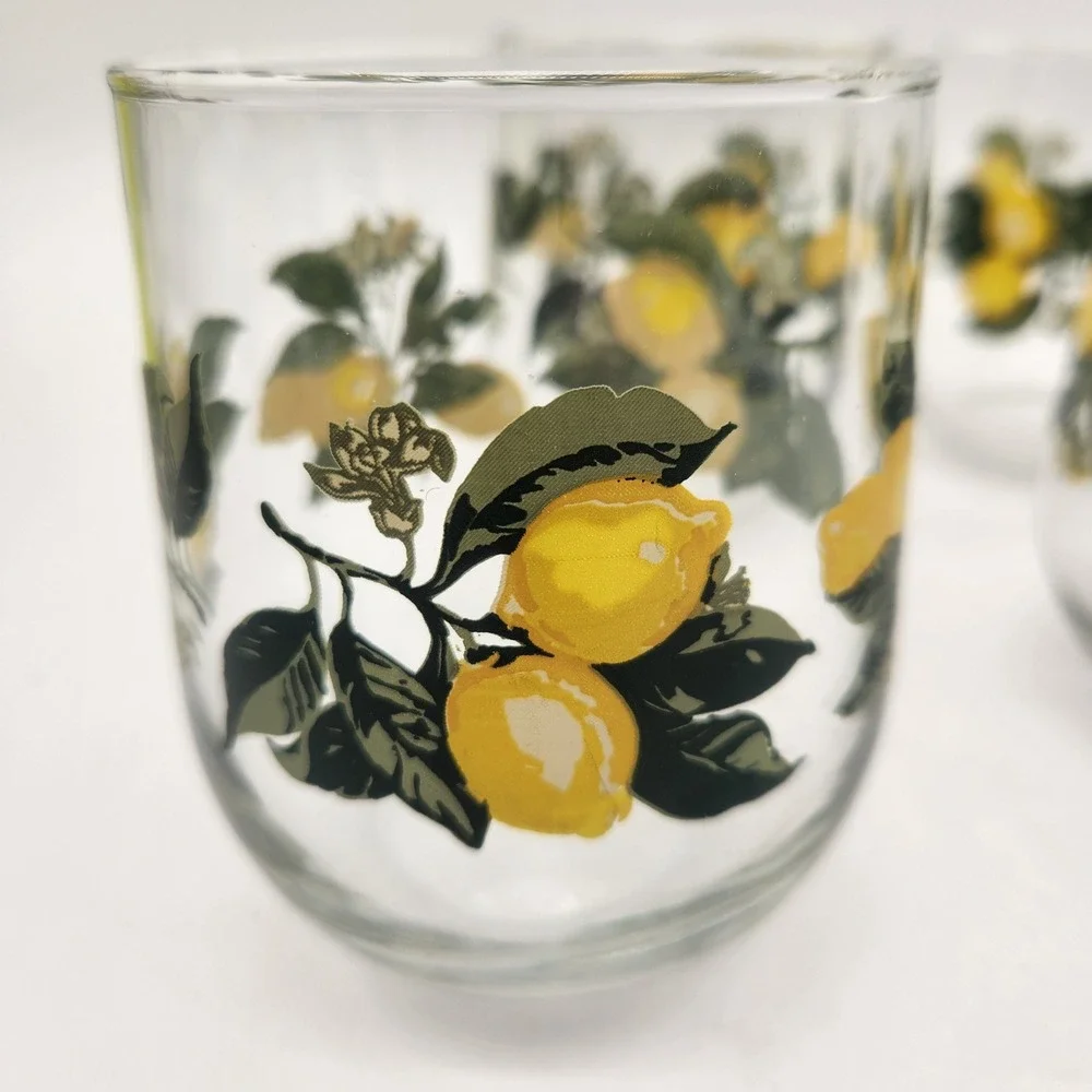 Set of 4 Lemon Citrus Print Stemless Wine Glasses Tumblers Clear‎ Yellow Green
